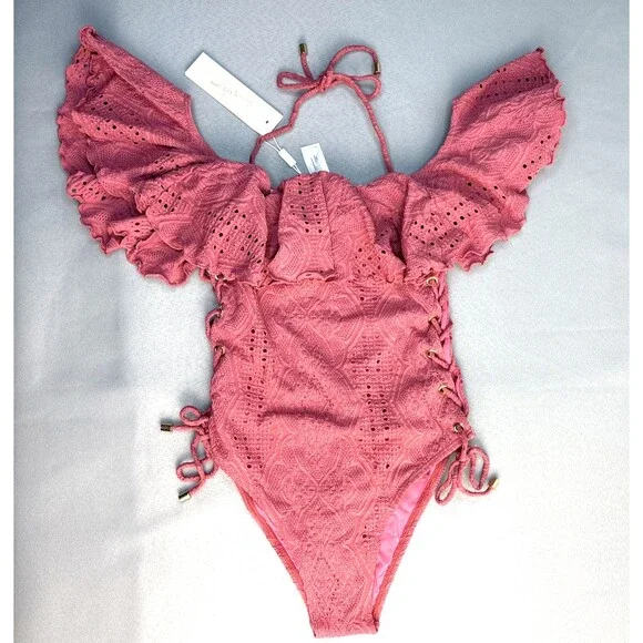 New Pink Swimsuit One Piece Lucia Ruffle Off Shoulder Side Tie Lined S-XL $170 - Picture 7 of 16